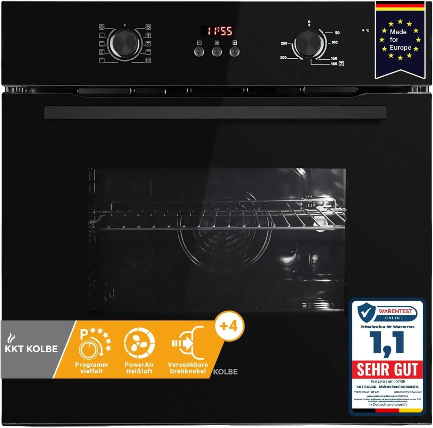 Einbau-Backofen 60 cm mit Schwarzglas-Design, 70L Volumen, 3kW Leistung, Umluft & Heißluft, Automatik-Timer, Kindersicherung