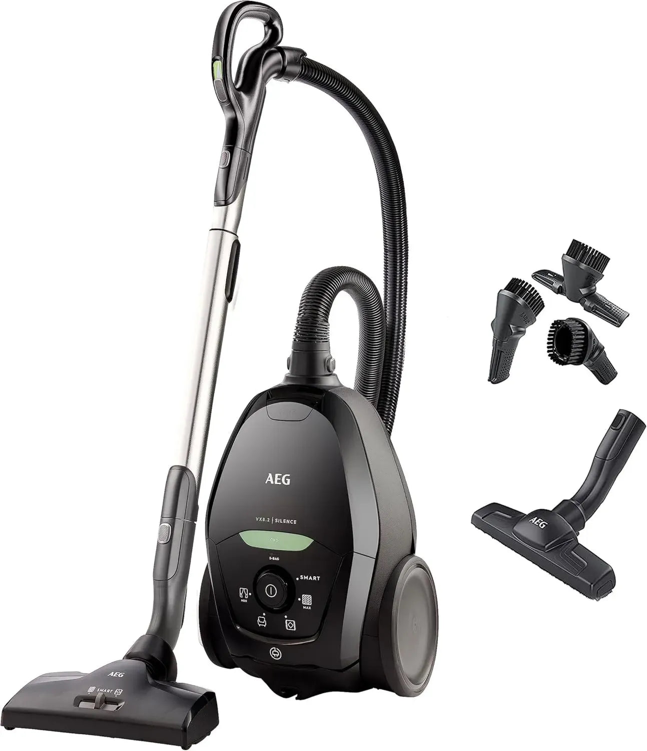 AEG Bodenstaubsauger mit Beutel, 75% Recyclingmaterial, Automatische Leistungsanpassung, Flüsterleise auf Teppich, Effiziente Partikelaufnahme, Extra langes Kabel, 600W, Schwarz, Modell VX82-1-ÖKO