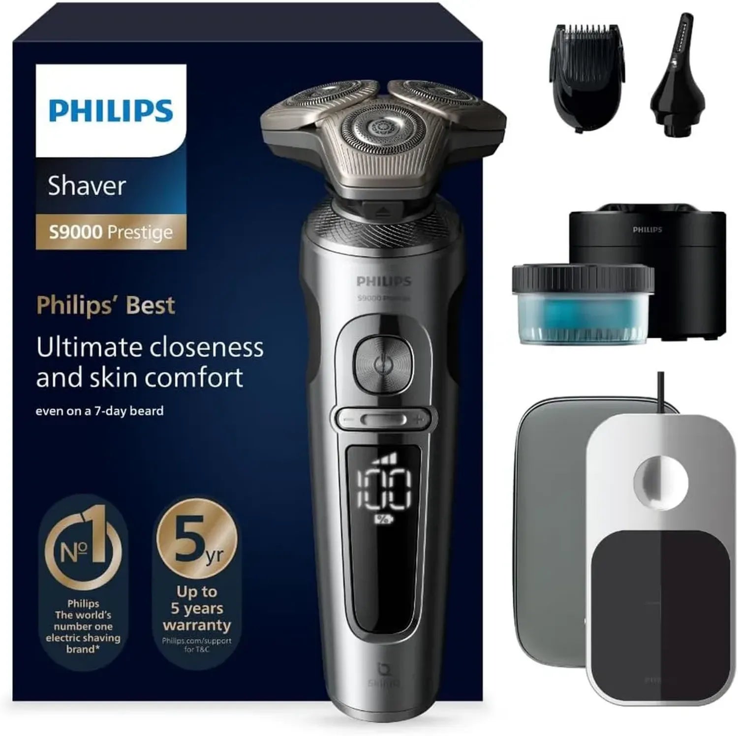 PHILIPS S9000 Prestige Rasierer - Elektrischer Nass- und Trockenrasierer mit SkinIQ und Qi-Ladegerät